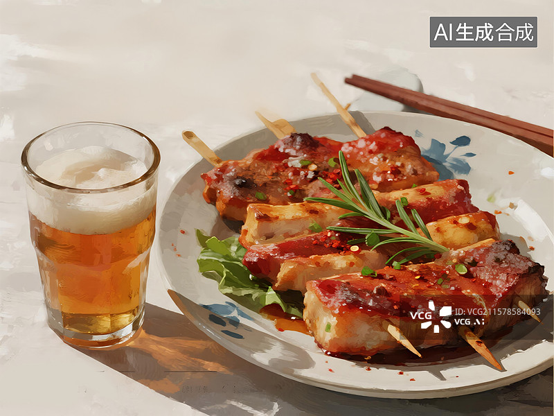 【AI数字艺术】美食烧烤盛宴啤酒节和夜市多样烤物水彩插画食品行业活动、营销和出版物的抽象商业背景包装图片素材