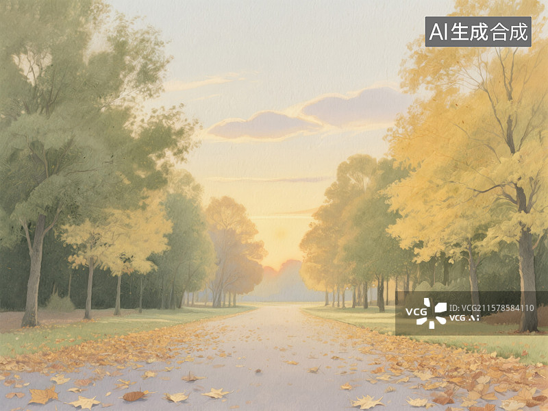 【AI数字艺术】秋季林荫大道水彩画创意抽象商业背景节性广告和设计节气立秋出版物活动商业演示壁纸装饰画图片素材