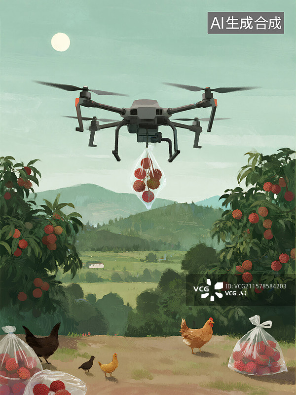 【AI数字艺术】创新乡村振兴低空经济水彩插画广西山区无人机运输荔枝农业科技与经济发展主题的抽象商业背景图片素材