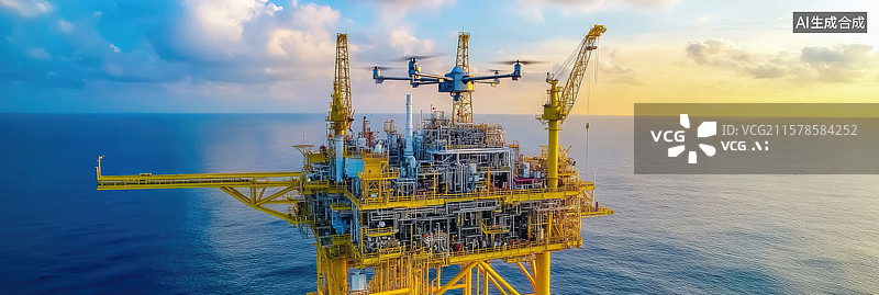 【AI数字艺术】日落时分无人机航拍检查海上石油平台工业勘探技术低空经济能源行业质量控制科技进步创意商业背景图片素材