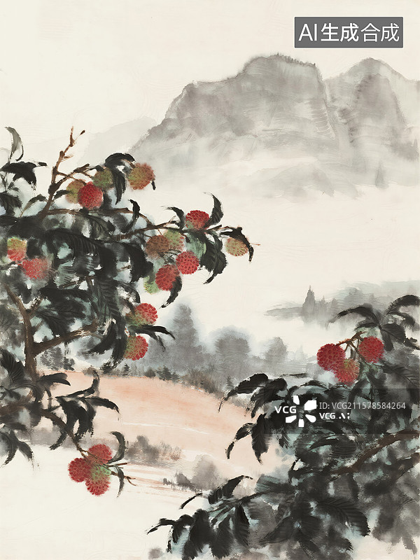 【AI数字艺术】创新乡村振兴山区荔枝丰收水彩插画农业发展与经济增长抽象商业背景图片素材