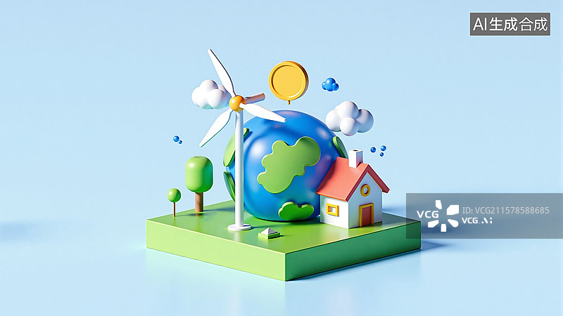 【AI数字艺术】3d绿色地球共生场景图片素材