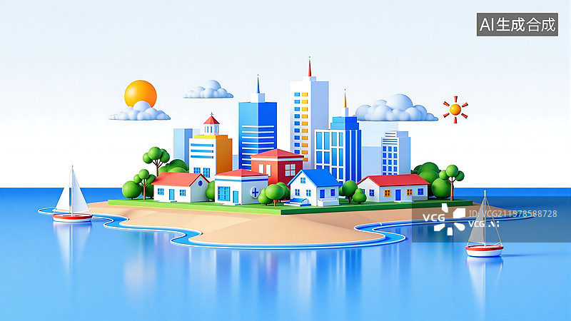 【AI数字艺术】3d海岛城市场景图片素材