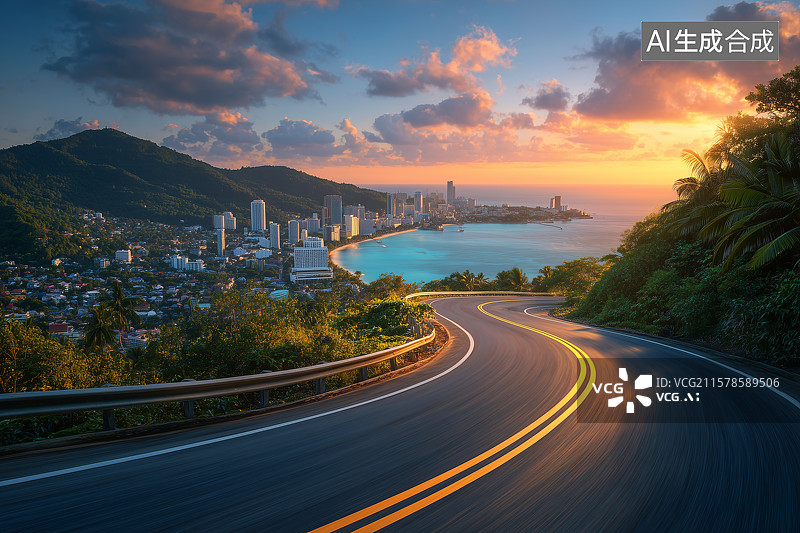 【AI数字艺术】海边高速公路汽车背景图图片素材