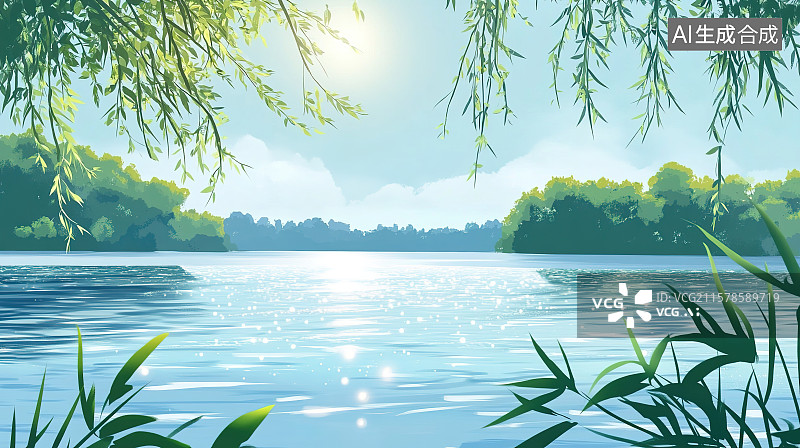【AI数字艺术】淡蓝天空下波光粼粼的湖面和岸边垂柳文艺清新背景图片素材