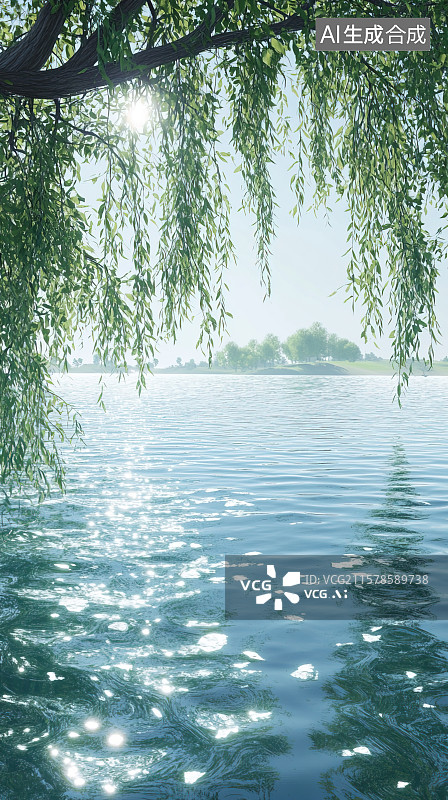 【AI数字艺术】淡蓝天空下波光粼粼的湖面和岸边垂柳文艺清新背景图片素材
