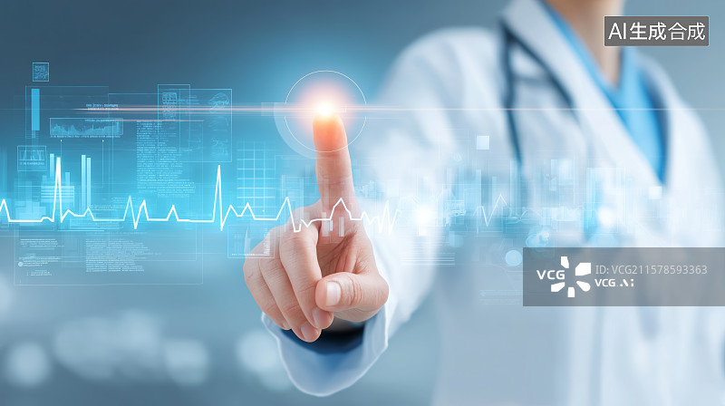 【AI数字艺术】医生与数字化医疗数据交互的插画图片素材
