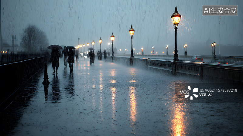 【AI数字艺术】雨夜中的行人与路灯图片素材