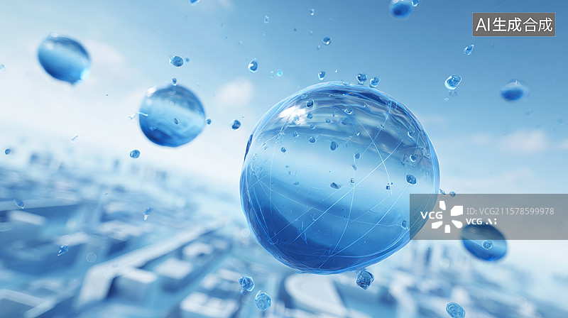 【AI数字艺术】悬浮水珠与城市景观图片素材