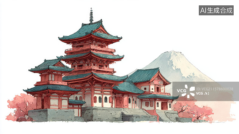 【AI数字艺术】传统日式建筑与富士山图片素材