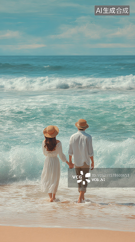 【AI数字艺术】海边牵手的男女，享受海浪轻拂图片素材