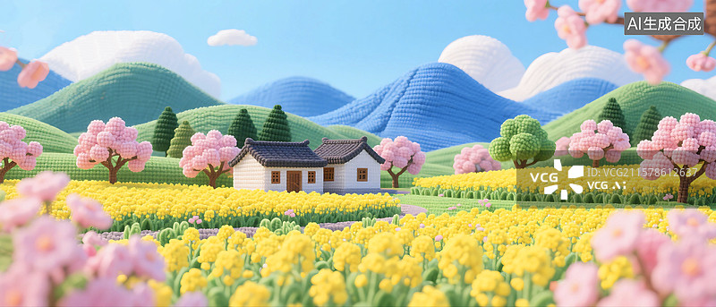 【AI数字艺术】3D立体三维C4D钩针风格纺织品羊毛线编织毛毡制品江南油菜花乡村房屋春天樱花桃花田野农田田园风光树木图片素材