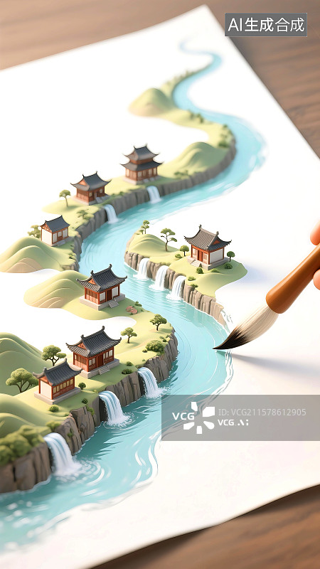 【AI数字艺术】3D立体三维C4D中国画山水画水墨画写意画水彩画新中式传统文化中国文化国潮风国风毛笔画出房屋高山河流图片素材