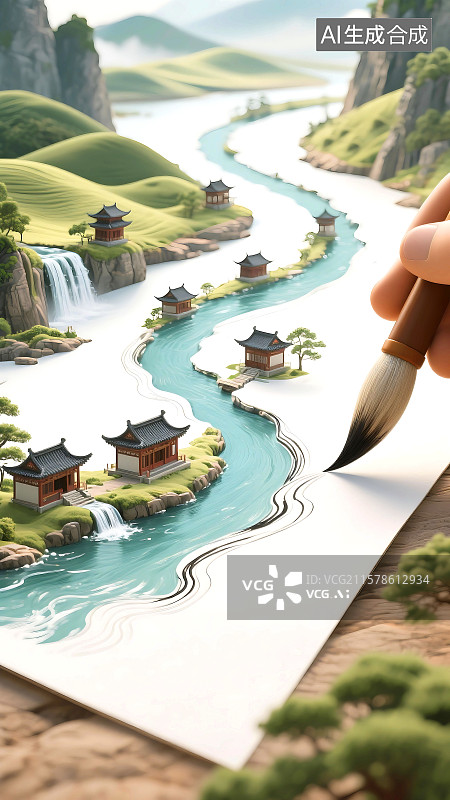 【AI数字艺术】3D立体三维C4D中国画山水画水墨画写意画水彩画新中式传统文化中国文化国潮风国风毛笔画出房屋高山河流图片素材
