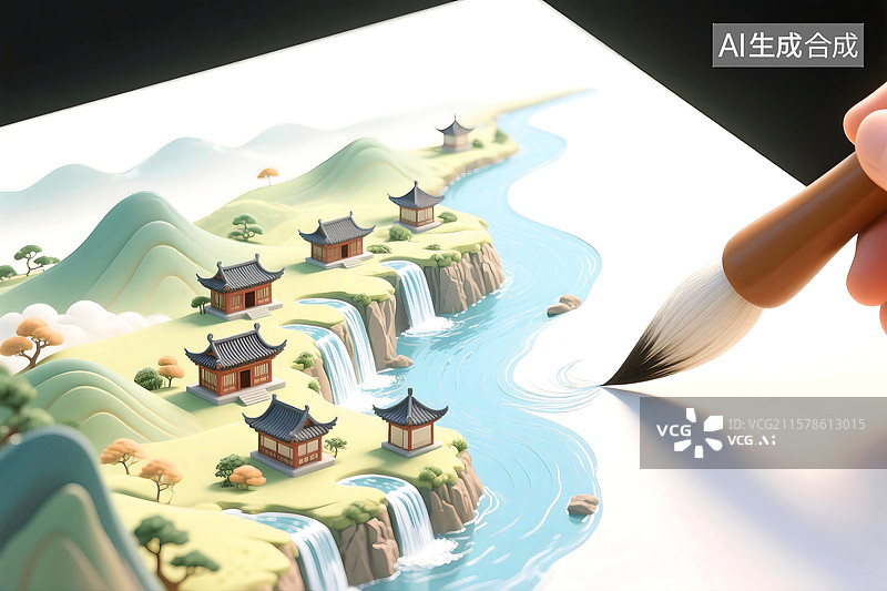 【AI数字艺术】3D立体三维C4D中国画山水画水墨画写意画水彩画新中式传统文化中国文化国潮风国风毛笔画出房屋高山河流图片素材