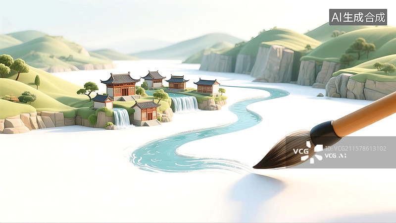 【AI数字艺术】3D立体三维C4D中国画山水画水墨画写意画水彩画新中式传统文化中国文化国潮风国风毛笔画出房屋高山河流图片素材