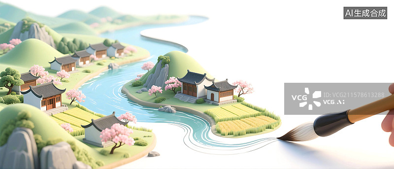 【AI数字艺术】3D立体三维C4D中国画水墨画写意画水彩画新中式传统文化中国文化国潮风国风毛笔画出房屋桃花高山河流图片素材