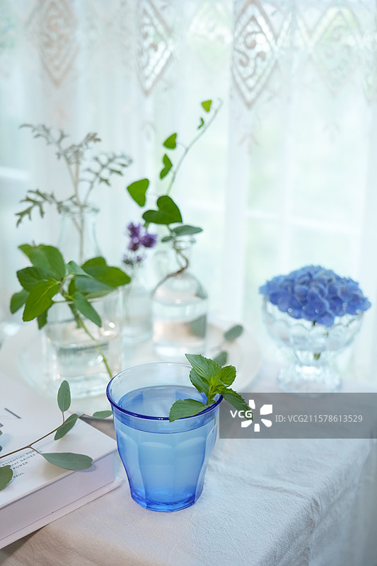 窗边的绿植和清凉感饮料图片素材