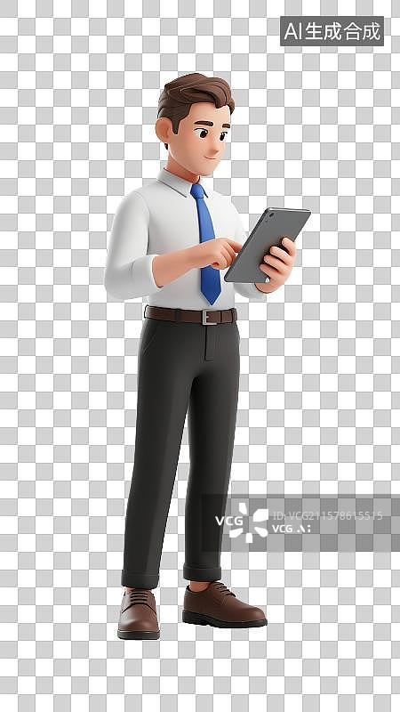 【AI数字艺术】3D金融办公人物男士使用平板电脑，免抠元素图片素材