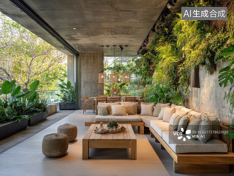 【AI数字艺术】绿意环绕的户外现代休闲餐区图片素材