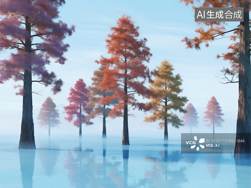 【AI数字艺术】秋晨雾霭彩杉水镜倒影图片素材