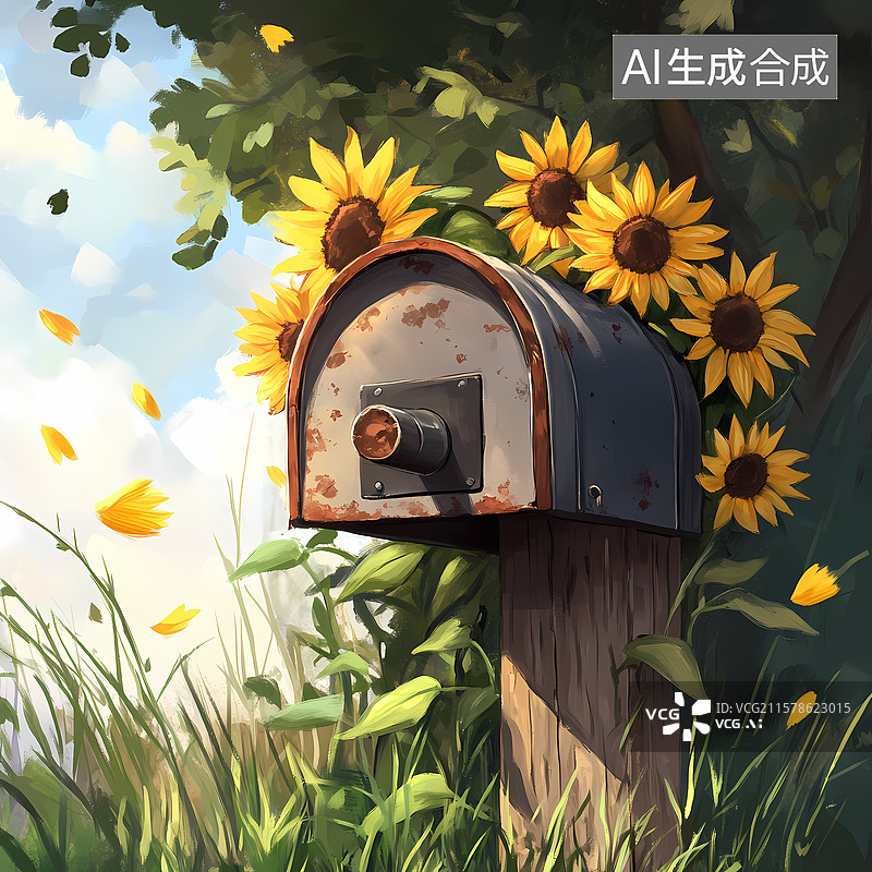 【AI数字艺术】复古风格向日葵邮筒插图图片素材