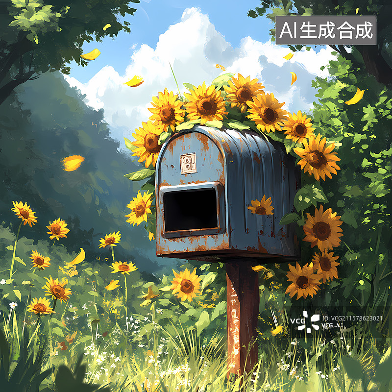 【AI数字艺术】复古风格向日葵邮筒插图图片素材