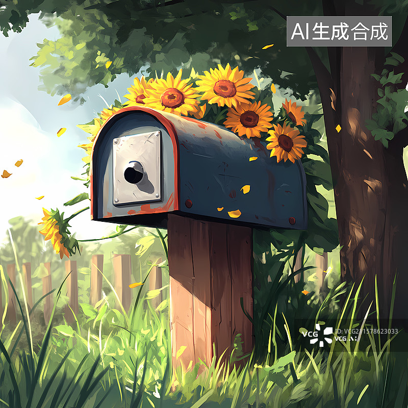 【AI数字艺术】复古风格向日葵邮筒插图图片素材