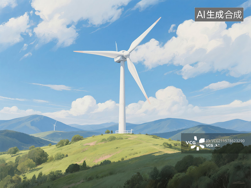 【AI数字艺术】山野间的白色风车诗画图片素材