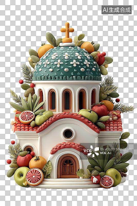 【AI数字艺术】装饰水果的教堂建筑图片素材