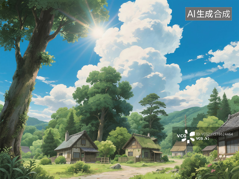 【AI数字艺术】晴日森野：日式插画风的田园乡居盛景图片素材