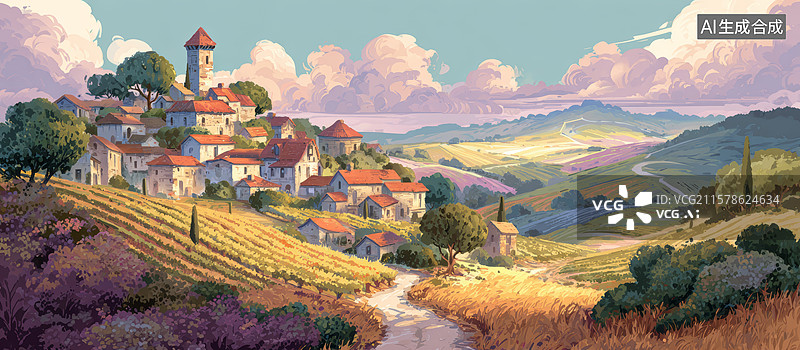 【AI数字艺术】乡村晨曦美景图图片素材