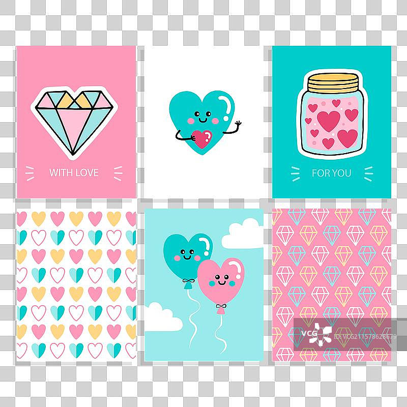 一组漂亮的情人节贺卡，带有心形图案图片素材