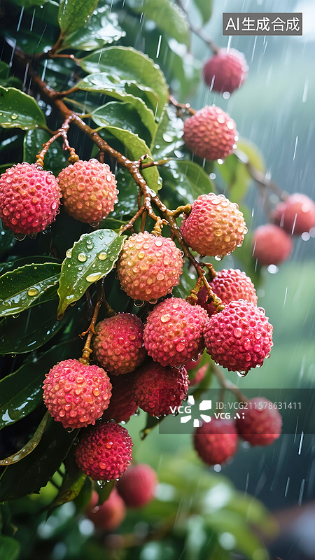 【AI数字艺术】雨中挂在树枝的荔枝熟了插画广告配图图片素材