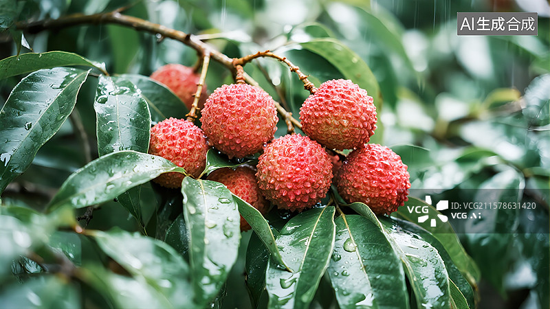 【AI数字艺术】雨中挂在树枝的荔枝熟了插画广告配图图片素材