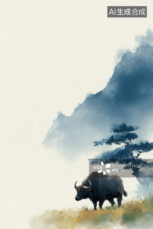 【AI数字艺术】中国画，山坡草地上的一只水牛图片素材