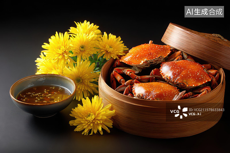 【AI数字艺术】秋菊红蟹传统美食摆盘图图片素材