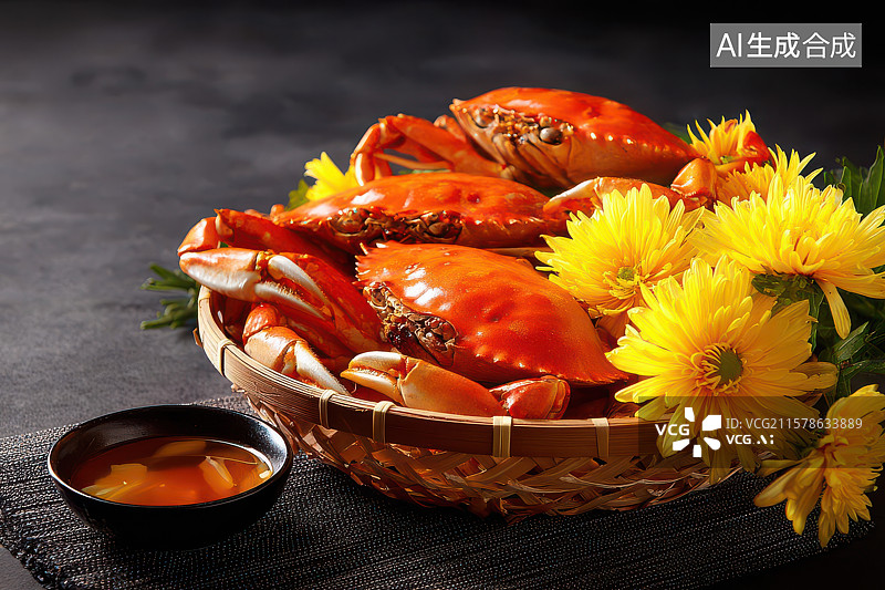 【AI数字艺术】秋菊红蟹传统美食摆盘图图片素材