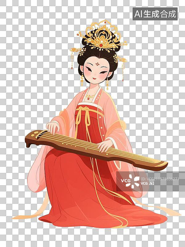 【AI数字艺术】古风唐朝女子优雅弹奏古筝插画图片素材
