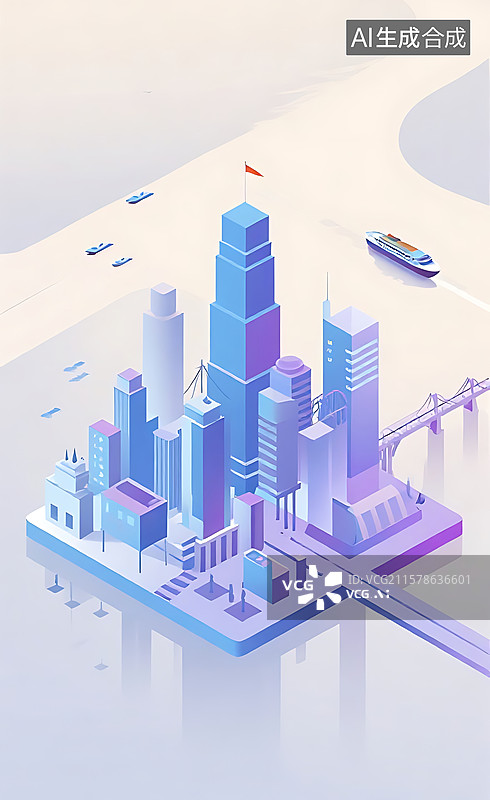 【AI数字艺术】蓝紫炫彩渐变城市都市建筑图片素材