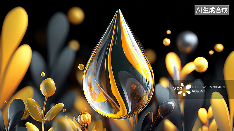 【AI数字艺术】黑背景金色植物中透明水滴化妆品萃取3D卡通立体插画图片素材