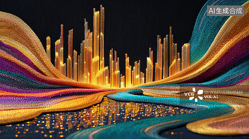 【AI数字艺术】国风传统刺绣水边彩色现代城市建筑背景插画图片素材