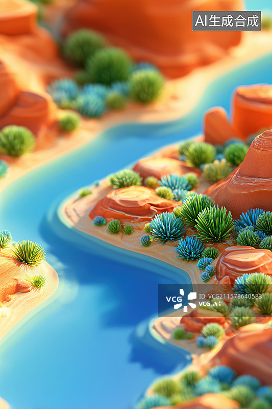 【AI数字艺术】橘红色外星沙漠上绿洲苔藓植物3D卡通立体插画图片素材