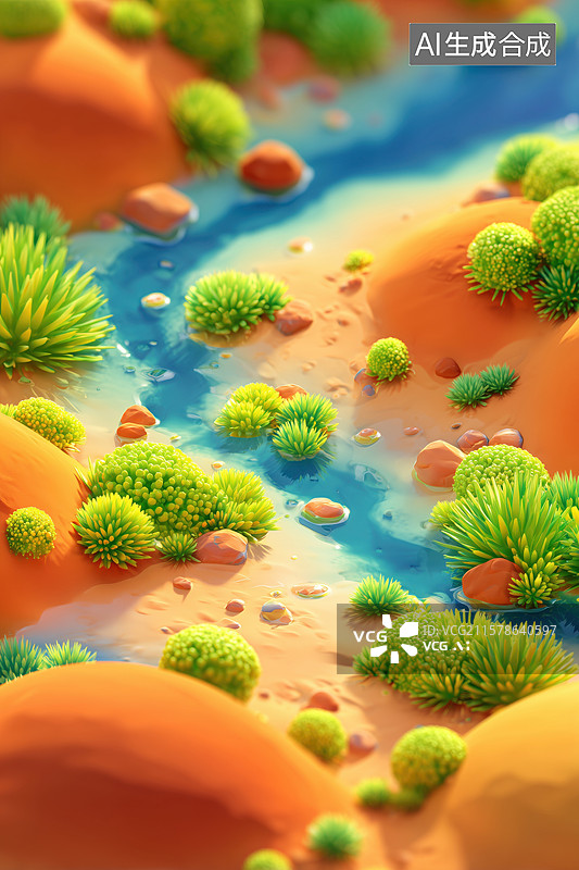 【AI数字艺术】橘红色外星沙漠上绿洲苔藓植物3D卡通立体插画图片素材