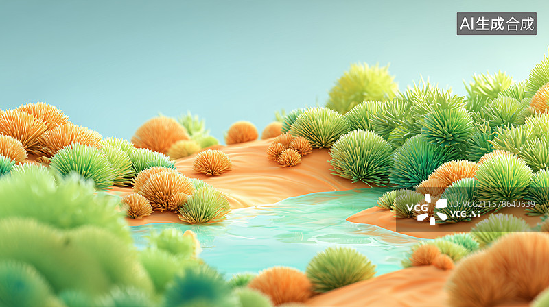 【AI数字艺术】橘红色外星沙漠上绿洲苔藓植物3D卡通立体插画图片素材