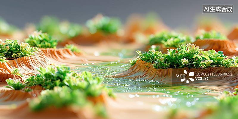 【AI数字艺术】橘红色外星沙漠上绿洲苔藓植物3D卡通立体插画图片素材