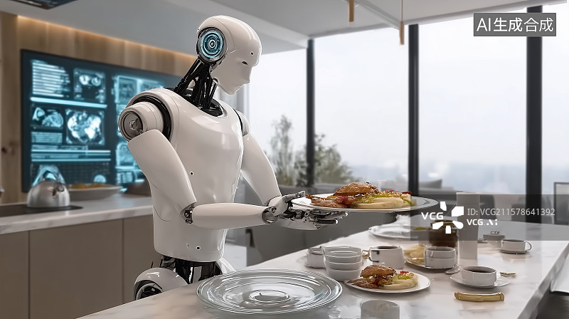 【AI数字艺术】机器人收拾饭桌图片素材