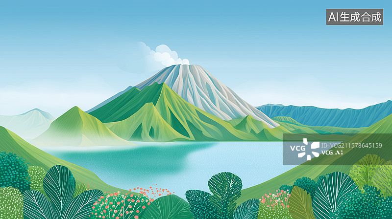 【AI数字艺术】火山湖泊清新山水插画图片素材