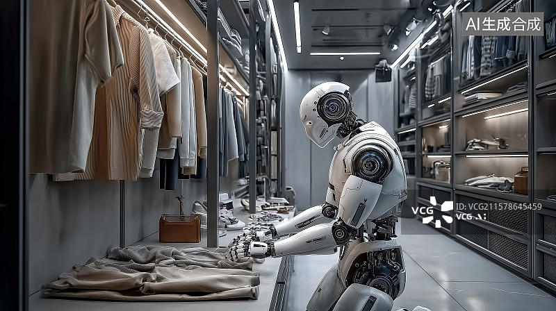 【AI数字艺术】机器人在衣帽间清理衣服图片素材