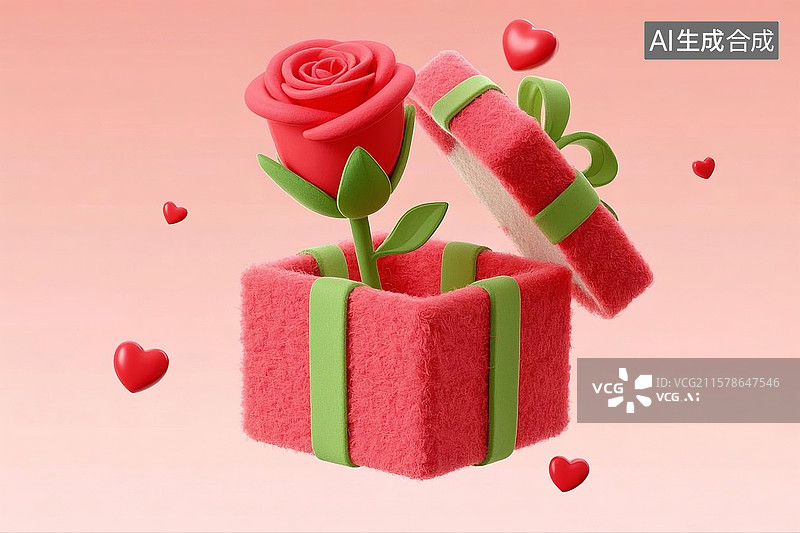 【AI数字艺术】3D毛毡礼物盒中的玫瑰图片素材
